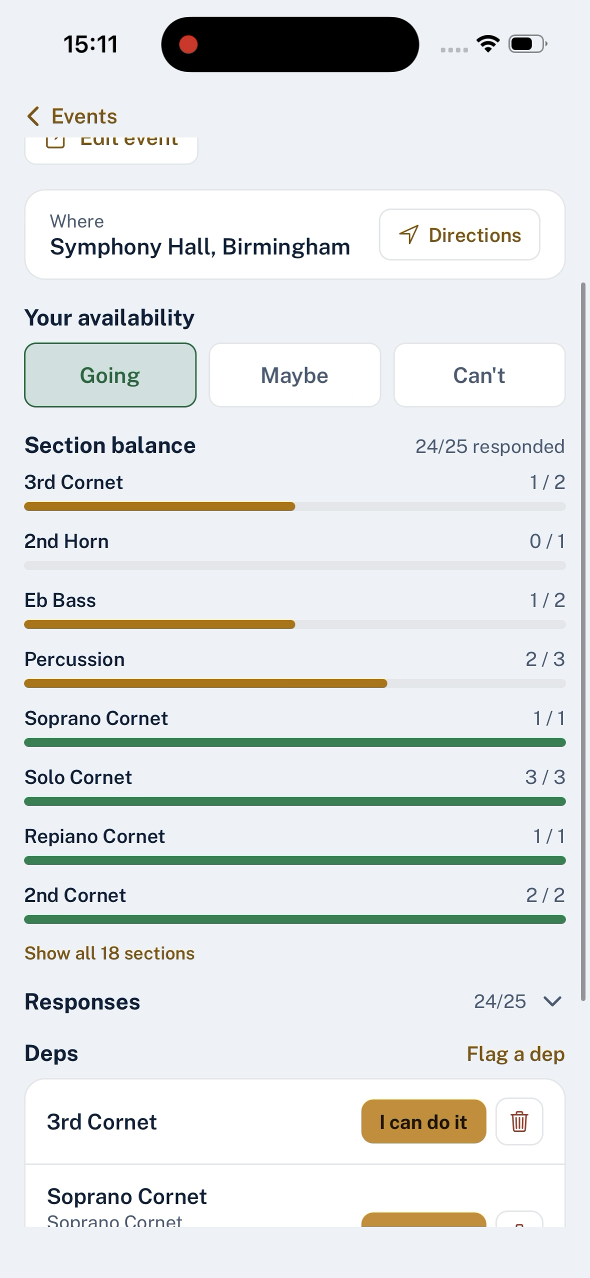 Members answering Yes / No / Maybe on an event in BandHQ, above a coverage bar for each section.