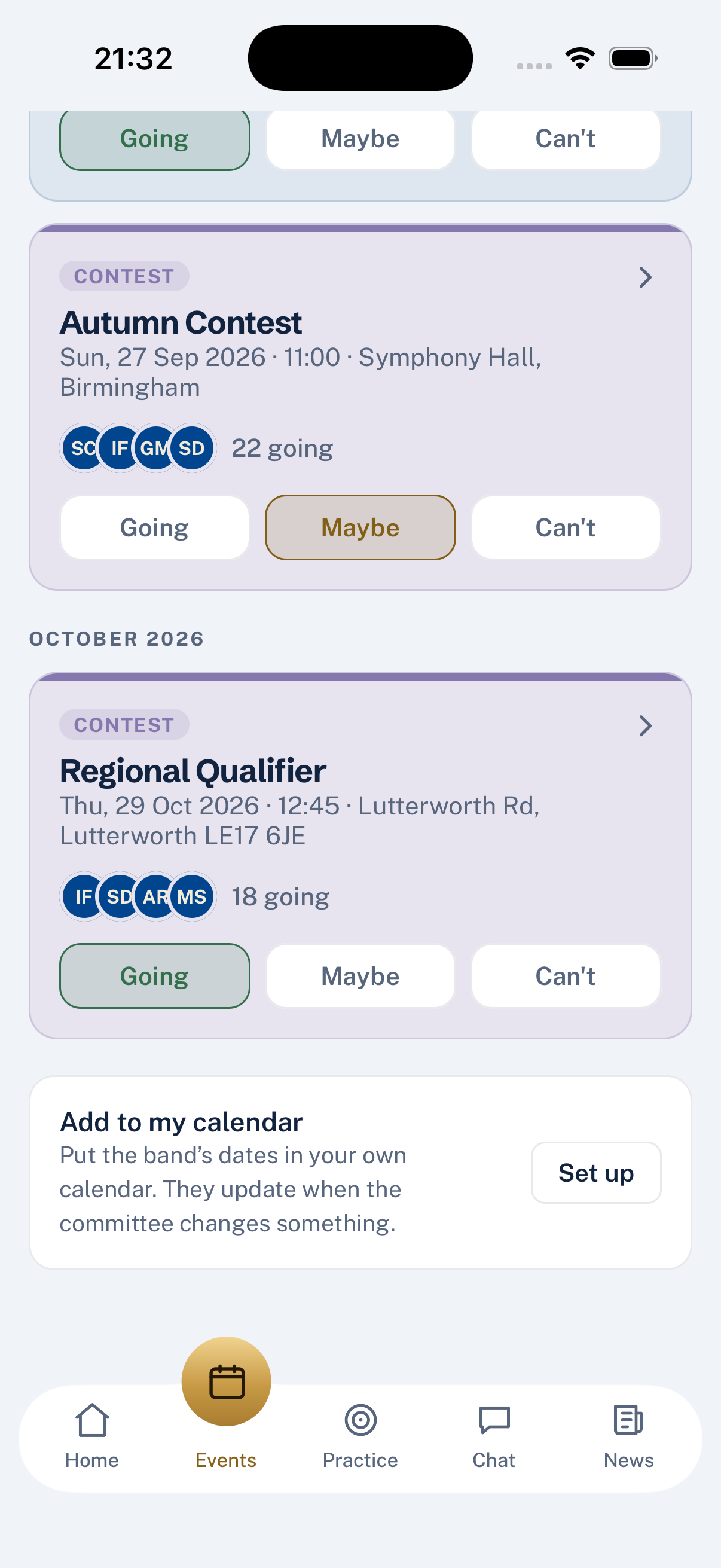 The "Add to my calendar" card at the bottom of the Events tab, with a Set up button that generates your personal calendar link.