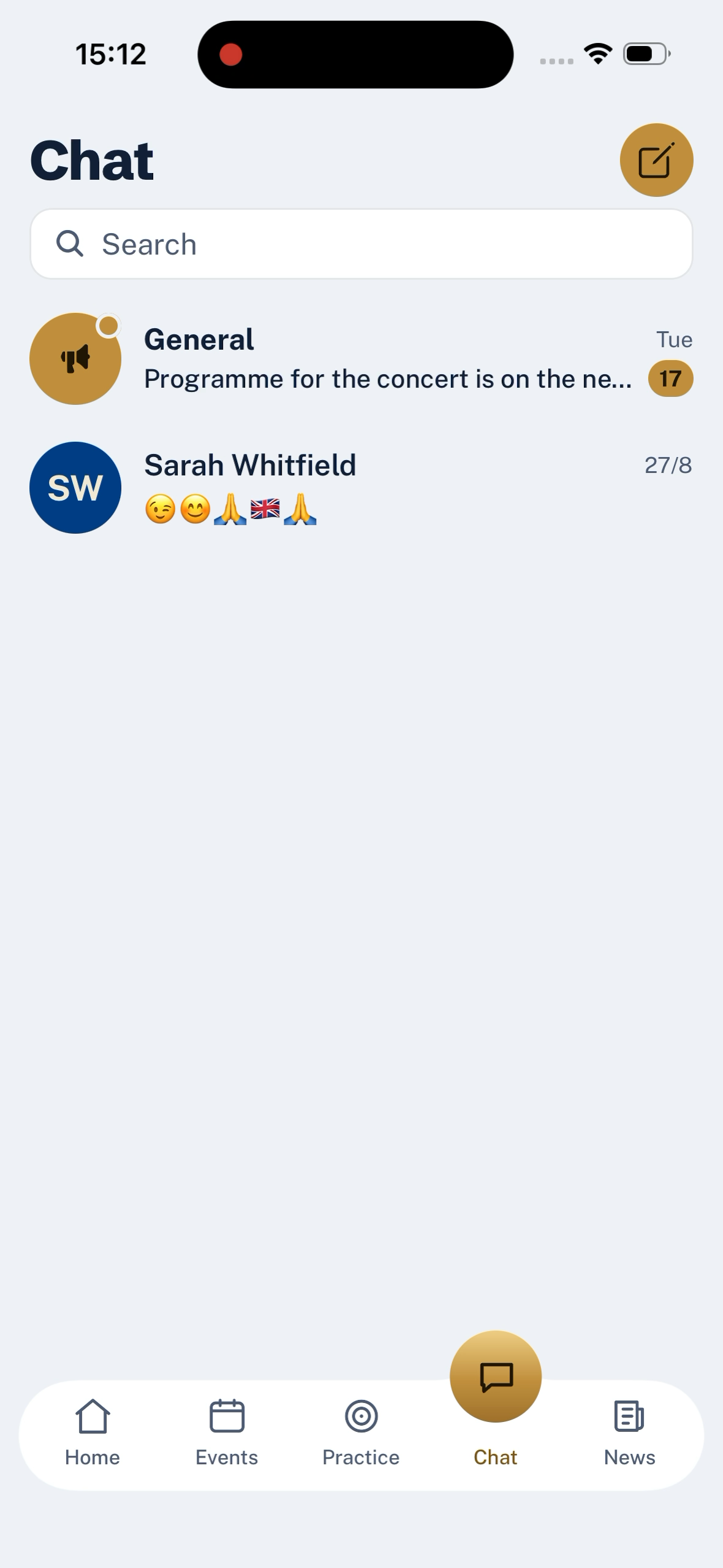 The Chat tab in BandHQ, showing the General channel and section threads.