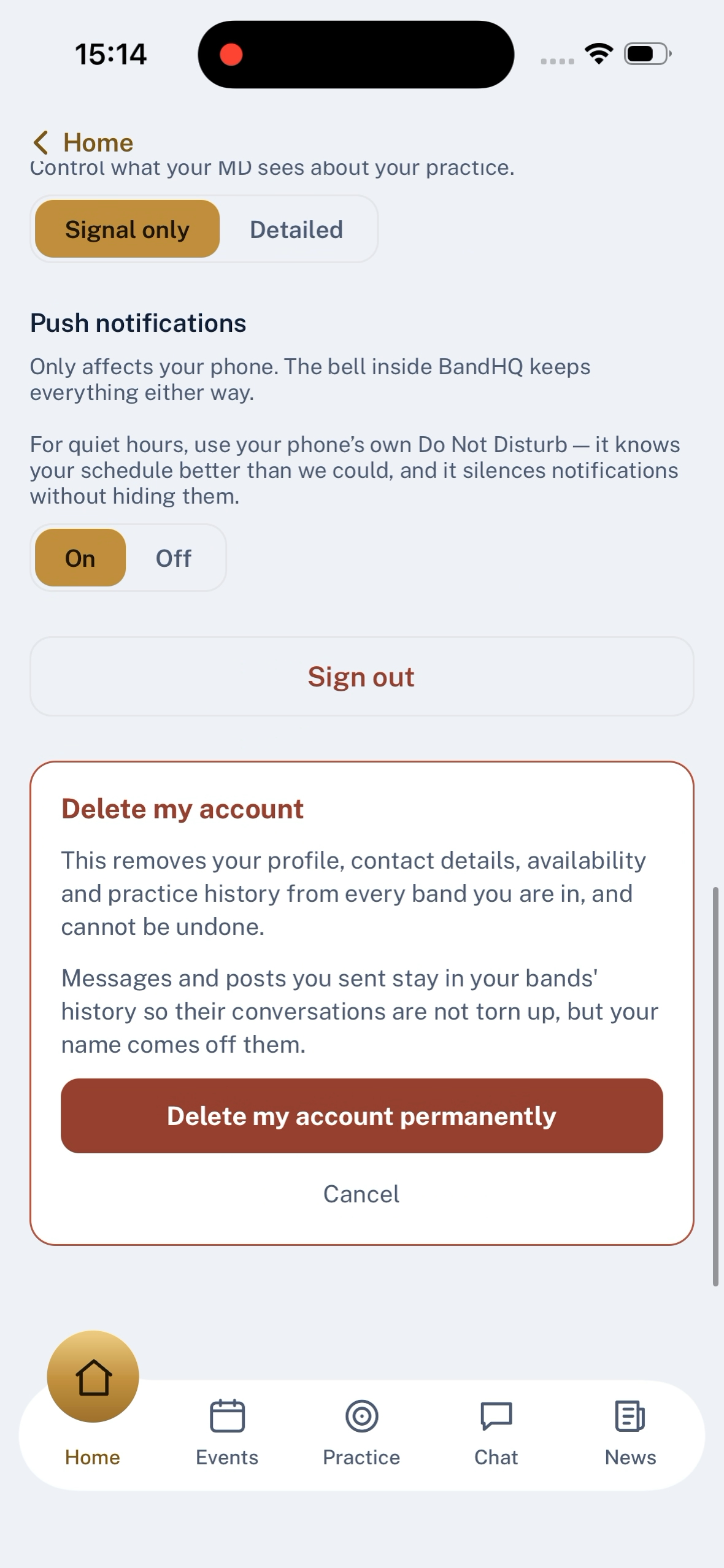 The confirmation panel on the profile page: "This removes your profile, contact details, availability and practice history from every band you are in, and cannot be undone."