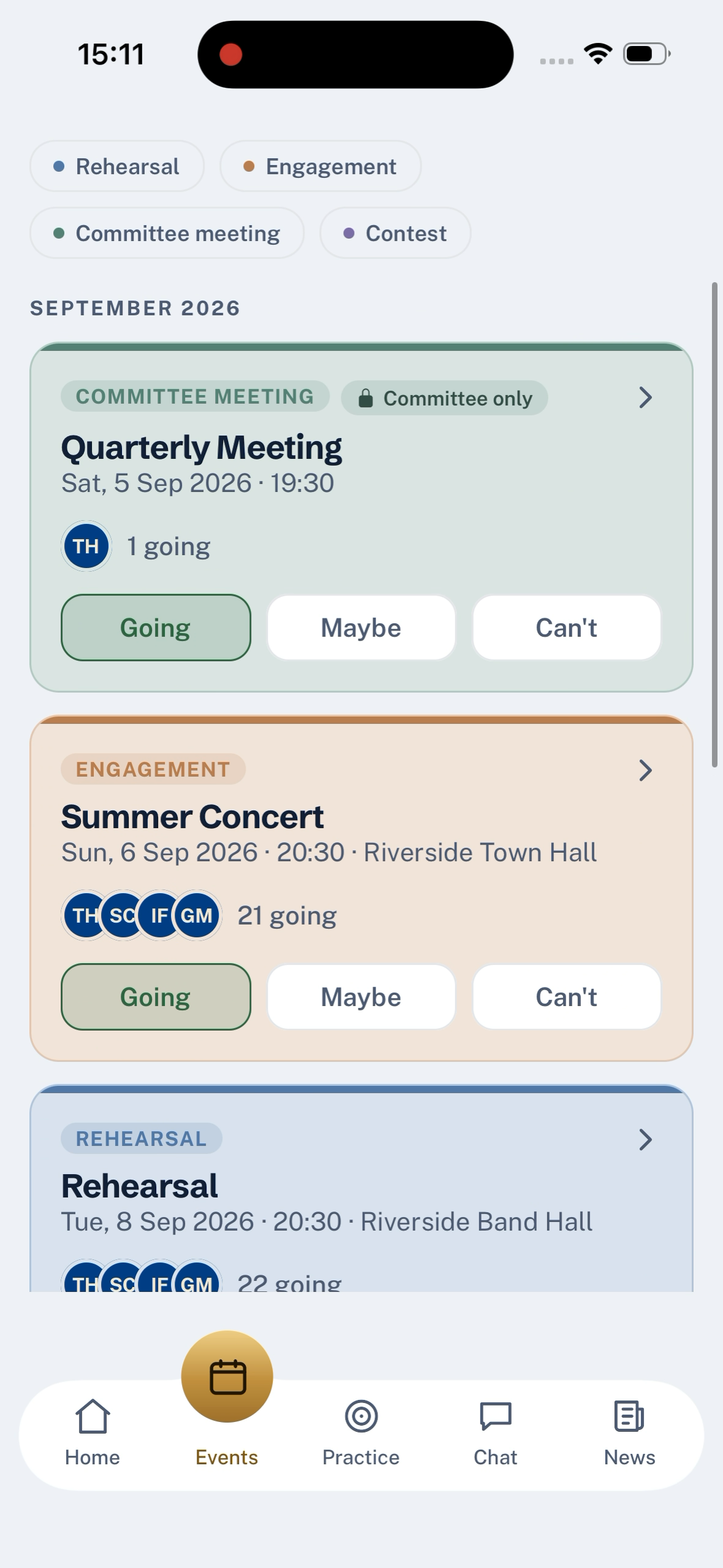The events list for an admin, with a Committee meeting badged "Committee only" alongside a rehearsal and an engagement.