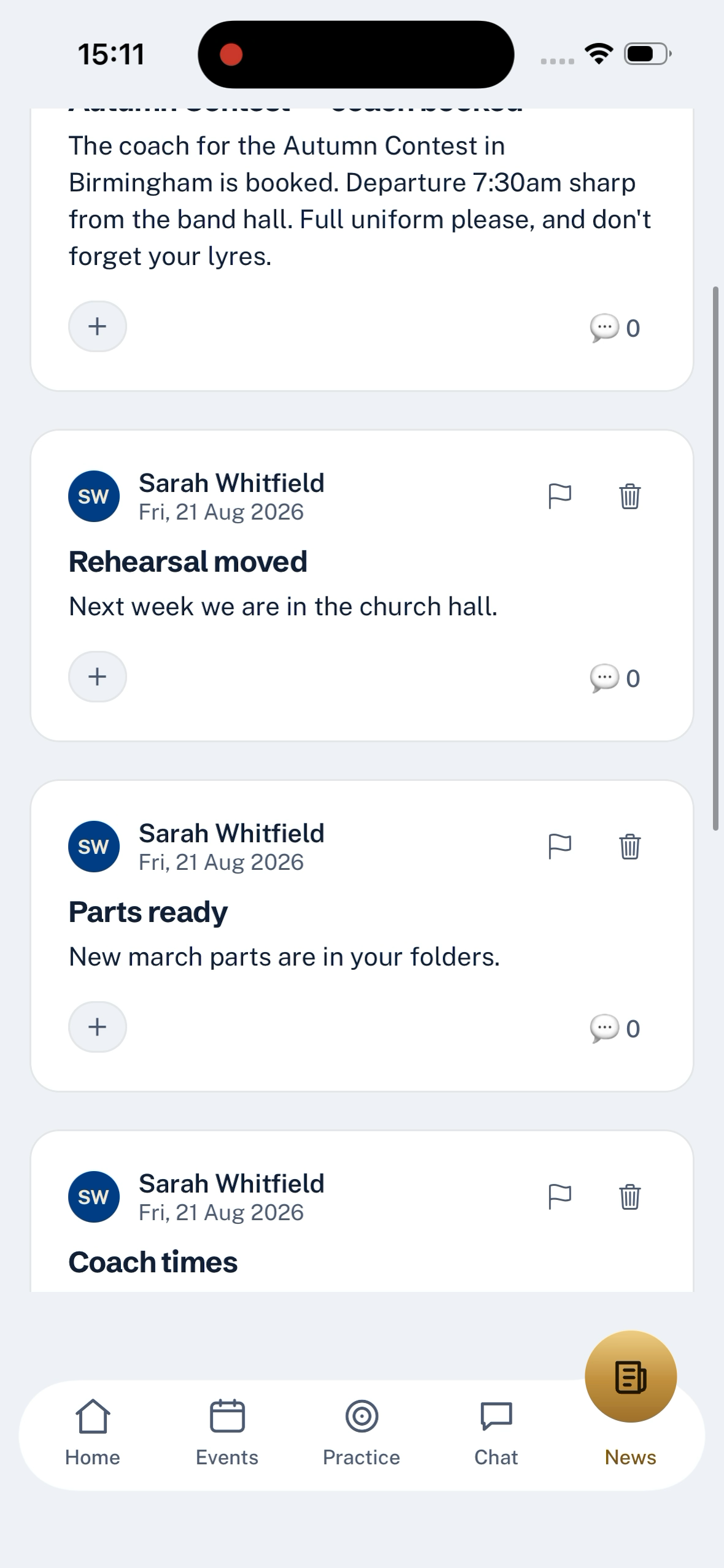 The News tab in BandHQ, with a "New announcement" control and a list of recent posts from the committee.