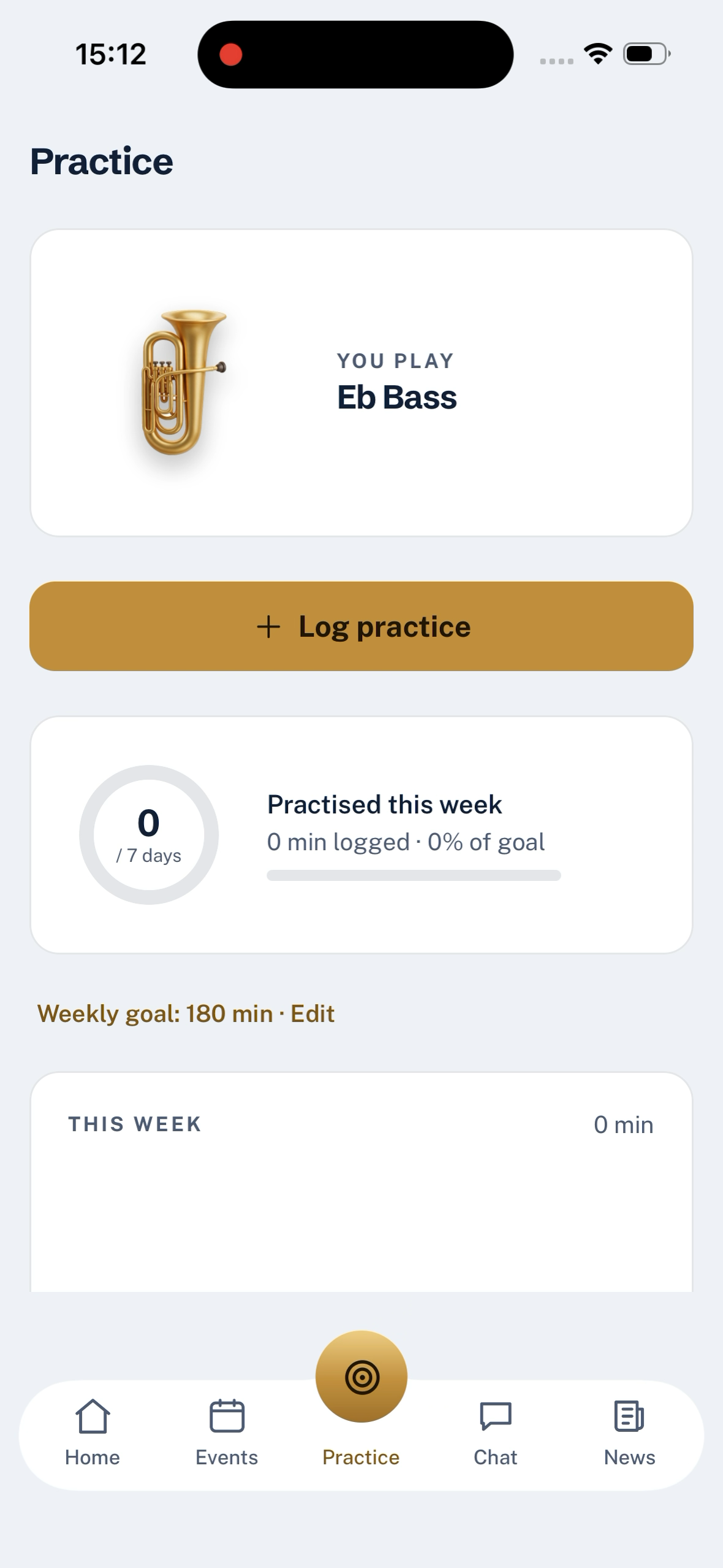 The Practice tab in BandHQ, showing a weekly goal, a streak, and a bar chart of the week.