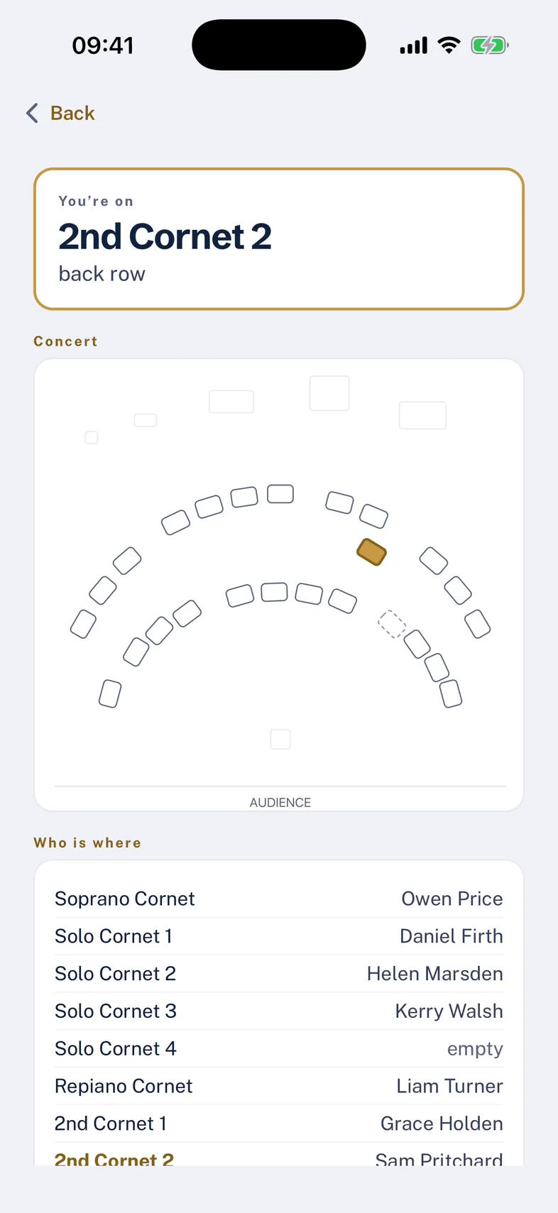 The BandHQ app on an iPhone: You are on 2nd Cornet 2, back row, your chair highlighted on the stage plan, and the list of who is where.