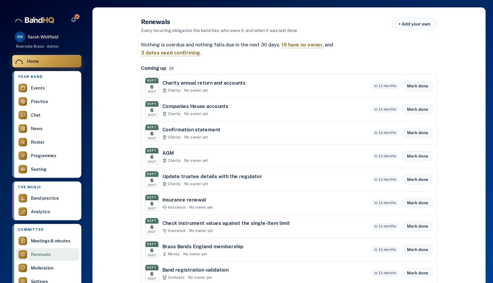 The Renewals board: the charity annual return, Companies House accounts, the confirmation statement, the AGM, insurance renewal and contest entries, each with a date, an owner and a Mark done button.