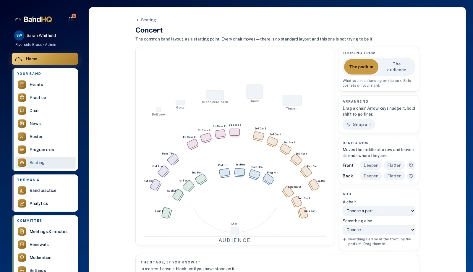 A concert stage plan in BandHQ: every chair of the band drawn in an arc in front of the MD, viewed from the podium, with the controls to drag, bend a row and add a chair.