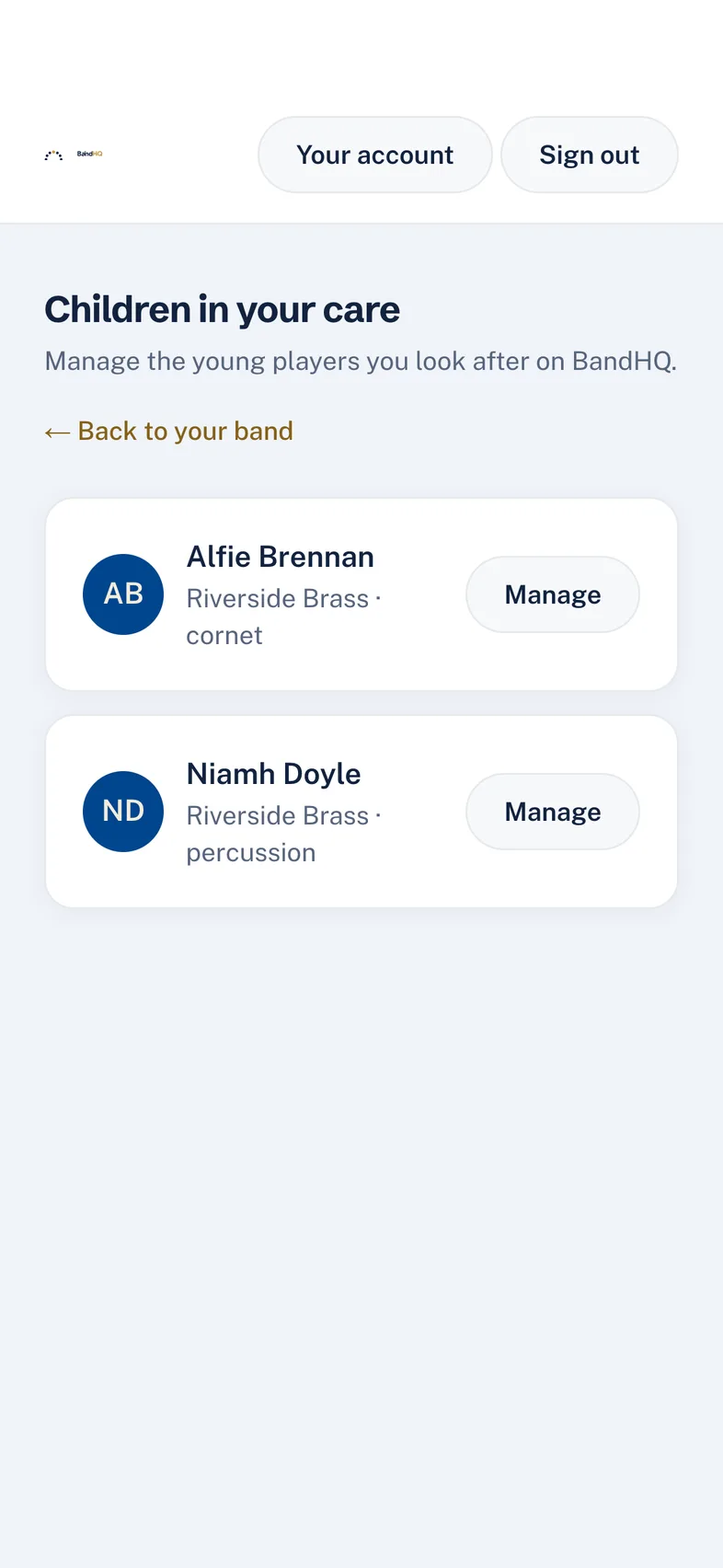 A guardian’s home screen in BandHQ, listing the children in their care with a Manage button for each.
